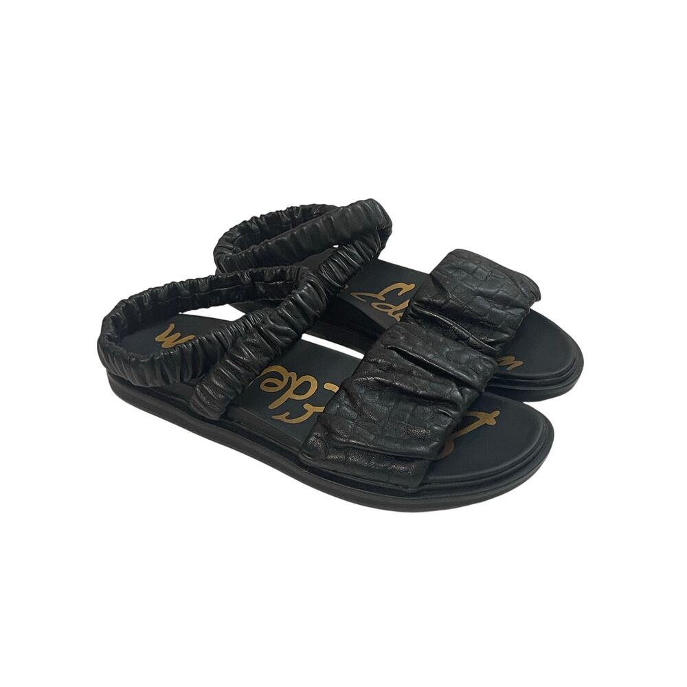 Sam Edelman Velma Black Leather Ruched Ankle Strap Flat Sandal EUC Size 9